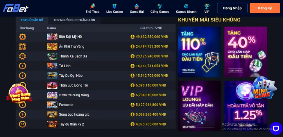 Thưởng Nạp Đầu Tiên Cho Các Sảnh Game Đặc Biệt